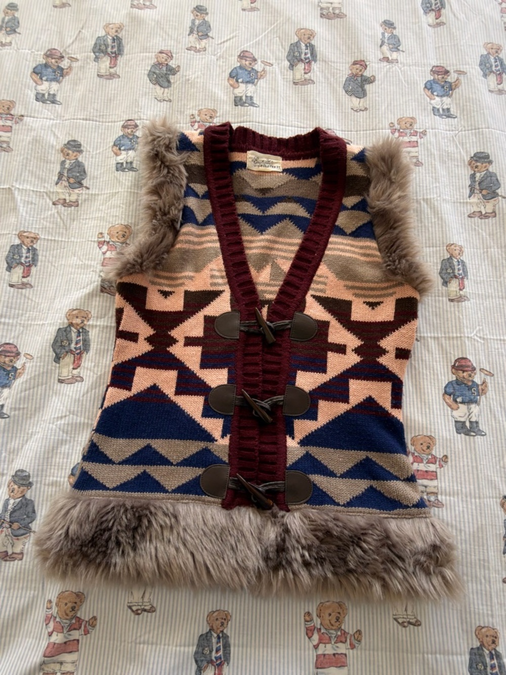 Vintage Forever 21 Fur Trim Aztec Knit Vest